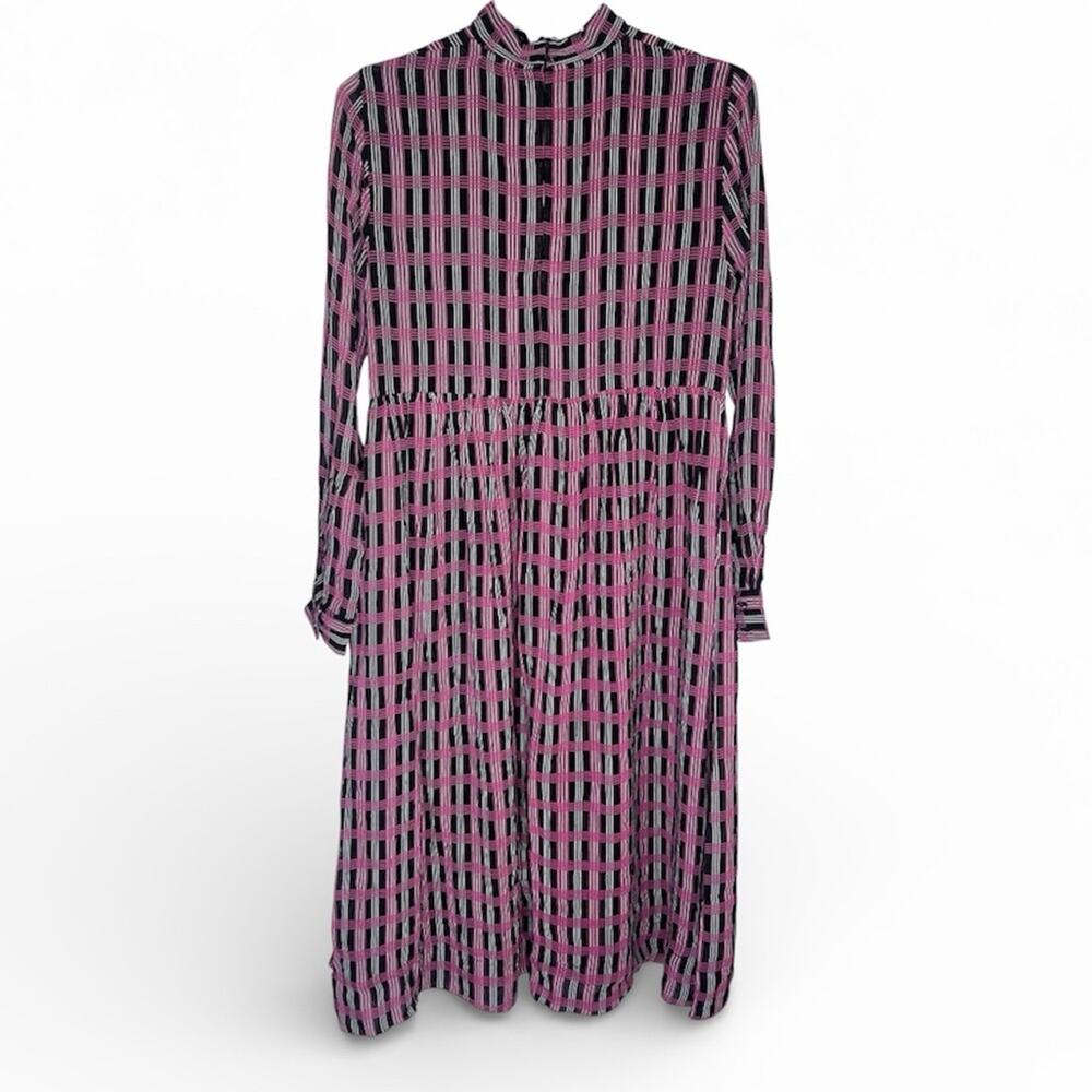 NEW Ganni Plaid Check Georgette Mock Neck Midi Dress Long Sleeves Sz 34/XS - Picture 4 of 9